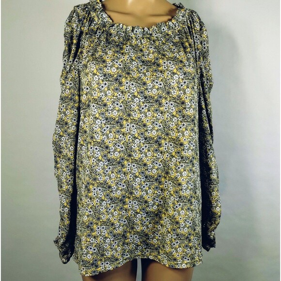 Max Studio Top Women's L  Ruched Long Sleeves Modest Gathered Neck Yellow Floral - Picture 2 of 10